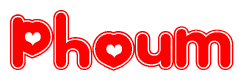 The image is a clipart featuring the word Phoum written in a stylized font with a heart shape replacing inserted into the center of each letter. The color scheme of the text and hearts is red with a light outline.