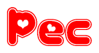 The image displays the word Pec written in a stylized red font with hearts inside the letters.