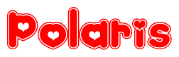 The image is a clipart featuring the word Polaris written in a stylized font with a heart shape replacing inserted into the center of each letter. The color scheme of the text and hearts is red with a light outline.