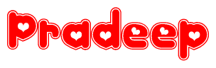 The image is a red and white graphic with the word Pradeep written in a decorative script. Each letter in  is contained within its own outlined bubble-like shape. Inside each letter, there is a white heart symbol.