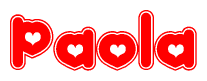 The image is a red and white graphic with the word Paola written in a decorative script. Each letter in  is contained within its own outlined bubble-like shape. Inside each letter, there is a white heart symbol.