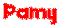 The image is a red and white graphic with the word Pamy written in a decorative script. Each letter in  is contained within its own outlined bubble-like shape. Inside each letter, there is a white heart symbol.