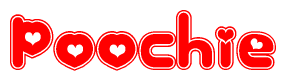 The image displays the word Poochie written in a stylized red font with hearts inside the letters.