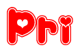 The image displays the word Pri written in a stylized red font with hearts inside the letters.