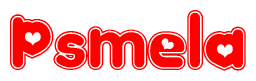The image is a red and white graphic with the word Psmela written in a decorative script. Each letter in  is contained within its own outlined bubble-like shape. Inside each letter, there is a white heart symbol.