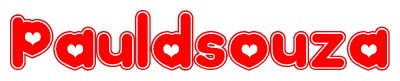 The image is a red and white graphic with the word Pauldsouza written in a decorative script. Each letter in  is contained within its own outlined bubble-like shape. Inside each letter, there is a white heart symbol.