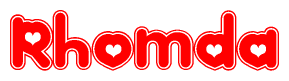 The image displays the word Rhomda written in a stylized red font with hearts inside the letters.