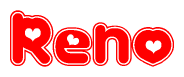 The image is a clipart featuring the word Reno written in a stylized font with a heart shape replacing inserted into the center of each letter. The color scheme of the text and hearts is red with a light outline.