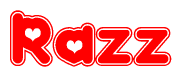 The image is a red and white graphic with the word Razz written in a decorative script. Each letter in  is contained within its own outlined bubble-like shape. Inside each letter, there is a white heart symbol.