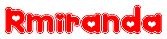 The image is a red and white graphic with the word Rmiranda written in a decorative script. Each letter in  is contained within its own outlined bubble-like shape. Inside each letter, there is a white heart symbol.