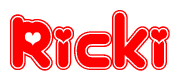 The image is a clipart featuring the word Ricki written in a stylized font with a heart shape replacing inserted into the center of each letter. The color scheme of the text and hearts is red with a light outline.