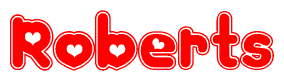 The image is a clipart featuring the word Roberts written in a stylized font with a heart shape replacing inserted into the center of each letter. The color scheme of the text and hearts is red with a light outline.