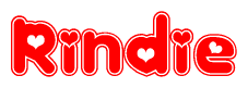 The image is a clipart featuring the word Rindie written in a stylized font with a heart shape replacing inserted into the center of each letter. The color scheme of the text and hearts is red with a light outline.