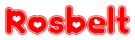 The image is a clipart featuring the word Rosbelt written in a stylized font with a heart shape replacing inserted into the center of each letter. The color scheme of the text and hearts is red with a light outline.