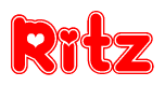 The image is a clipart featuring the word Ritz written in a stylized font with a heart shape replacing inserted into the center of each letter. The color scheme of the text and hearts is red with a light outline.