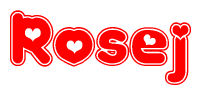 The image is a clipart featuring the word Rosej written in a stylized font with a heart shape replacing inserted into the center of each letter. The color scheme of the text and hearts is red with a light outline.