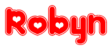 The image is a clipart featuring the word Robyn written in a stylized font with a heart shape replacing inserted into the center of each letter. The color scheme of the text and hearts is red with a light outline.