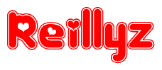 The image is a clipart featuring the word Reillyz written in a stylized font with a heart shape replacing inserted into the center of each letter. The color scheme of the text and hearts is red with a light outline.