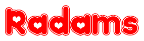 The image is a clipart featuring the word Radams written in a stylized font with a heart shape replacing inserted into the center of each letter. The color scheme of the text and hearts is red with a light outline.