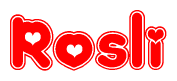 The image is a clipart featuring the word Rosli written in a stylized font with a heart shape replacing inserted into the center of each letter. The color scheme of the text and hearts is red with a light outline.