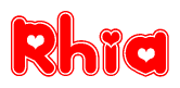The image displays the word Rhia written in a stylized red font with hearts inside the letters.
