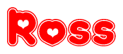 The image is a clipart featuring the word Ross written in a stylized font with a heart shape replacing inserted into the center of each letter. The color scheme of the text and hearts is red with a light outline.