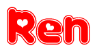 The image is a red and white graphic with the word Ren written in a decorative script. Each letter in  is contained within its own outlined bubble-like shape. Inside each letter, there is a white heart symbol.