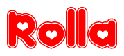 The image is a red and white graphic with the word Rolla written in a decorative script. Each letter in  is contained within its own outlined bubble-like shape. Inside each letter, there is a white heart symbol.