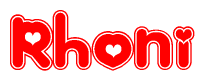   The image is a clipart featuring the word Rhoni written in a stylized font with a heart shape replacing inserted into the center of each letter. The color scheme of the text and hearts is red with a light outline. 