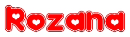 The image is a clipart featuring the word Rozana written in a stylized font with a heart shape replacing inserted into the center of each letter. The color scheme of the text and hearts is red with a light outline.