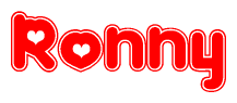 The image is a red and white graphic with the word Ronny written in a decorative script. Each letter in  is contained within its own outlined bubble-like shape. Inside each letter, there is a white heart symbol.