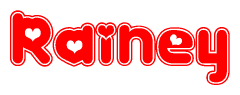 The image displays the word Rainey written in a stylized red font with hearts inside the letters.
