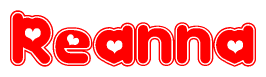 The image is a red and white graphic with the word Reanna written in a decorative script. Each letter in  is contained within its own outlined bubble-like shape. Inside each letter, there is a white heart symbol.