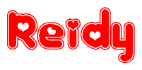 The image is a red and white graphic with the word Reidy written in a decorative script. Each letter in  is contained within its own outlined bubble-like shape. Inside each letter, there is a white heart symbol.