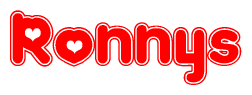 The image is a red and white graphic with the word Ronnys written in a decorative script. Each letter in  is contained within its own outlined bubble-like shape. Inside each letter, there is a white heart symbol.