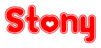 The image is a red and white graphic with the word Stony written in a decorative script. Each letter in  is contained within its own outlined bubble-like shape. Inside each letter, there is a white heart symbol.