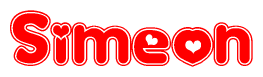 The image is a clipart featuring the word Simeon written in a stylized font with a heart shape replacing inserted into the center of each letter. The color scheme of the text and hearts is red with a light outline.