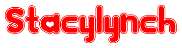 The image is a red and white graphic with the word Stacylynch written in a decorative script. Each letter in  is contained within its own outlined bubble-like shape. Inside each letter, there is a white heart symbol.