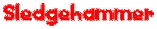 The image is a clipart featuring the word Sledgehammer written in a stylized font with a heart shape replacing inserted into the center of each letter. The color scheme of the text and hearts is red with a light outline.