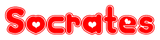 The image is a clipart featuring the word Socrates written in a stylized font with a heart shape replacing inserted into the center of each letter. The color scheme of the text and hearts is red with a light outline.