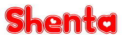 The image is a red and white graphic with the word Shenta written in a decorative script. Each letter in  is contained within its own outlined bubble-like shape. Inside each letter, there is a white heart symbol.
