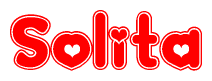 The image is a red and white graphic with the word Solita written in a decorative script. Each letter in  is contained within its own outlined bubble-like shape. Inside each letter, there is a white heart symbol.
