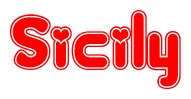 The image displays the word Sicily written in a stylized red font with hearts inside the letters.