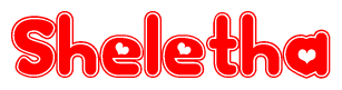 The image is a red and white graphic with the word Sheletha written in a decorative script. Each letter in  is contained within its own outlined bubble-like shape. Inside each letter, there is a white heart symbol.