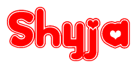 The image is a clipart featuring the word Shyja written in a stylized font with a heart shape replacing inserted into the center of each letter. The color scheme of the text and hearts is red with a light outline.