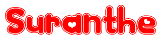 The image is a red and white graphic with the word Suranthe written in a decorative script. Each letter in  is contained within its own outlined bubble-like shape. Inside each letter, there is a white heart symbol.