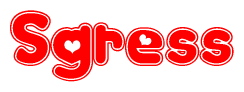 The image is a red and white graphic with the word Sgress written in a decorative script. Each letter in  is contained within its own outlined bubble-like shape. Inside each letter, there is a white heart symbol.
