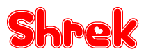 The image is a clipart featuring the word Shrek written in a stylized font with a heart shape replacing inserted into the center of each letter. The color scheme of the text and hearts is red with a light outline.