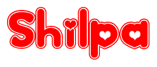 The image is a red and white graphic with the word Shilpa written in a decorative script. Each letter in  is contained within its own outlined bubble-like shape. Inside each letter, there is a white heart symbol.