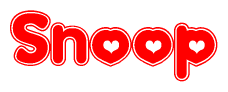 The image is a red and white graphic with the word Snoop written in a decorative script. Each letter in  is contained within its own outlined bubble-like shape. Inside each letter, there is a white heart symbol.
